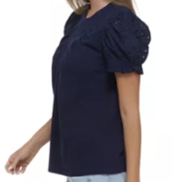 Eyelet Puff Sleeve Mixed Media Navy Top - Picture 2 of 13